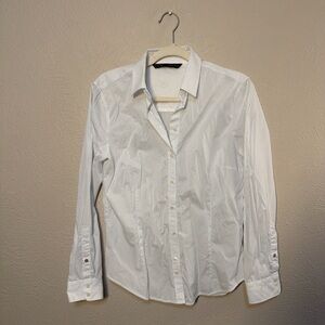 Zara Women White and Blue Pinstripe Button Down Shirt